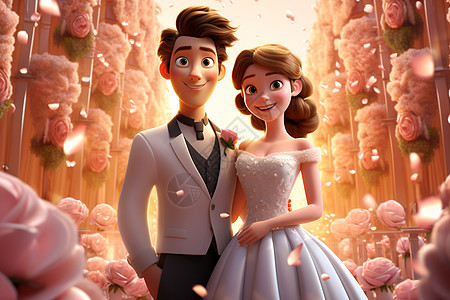 3D婚礼上的新郎新娘背景图片