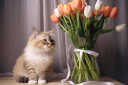 花猫与鲜花的相遇图片