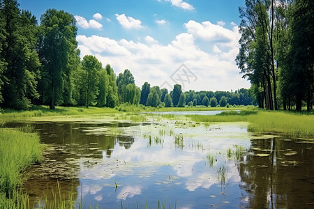 湿地公园小湖泊上的画卷背景