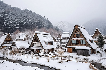 白雪覆盖的传统农舍图片