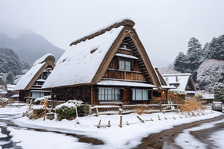绝美雪景中的传统农舍图片