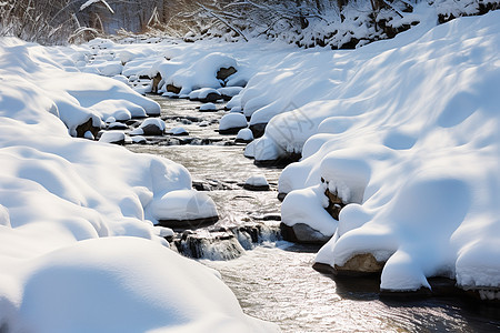 寒冷雪地里的一条溪流图片