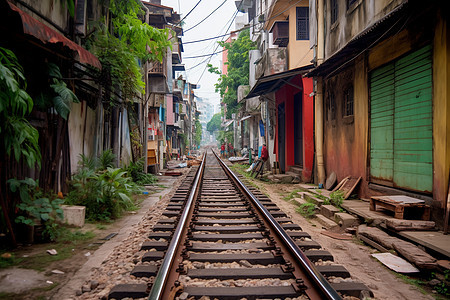 一条铁路贯穿狭窄城区图片