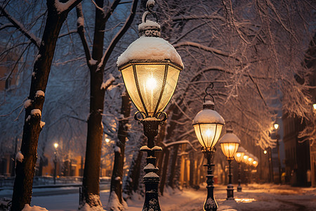 冬天路灯冬夜街灯下的雪景背景