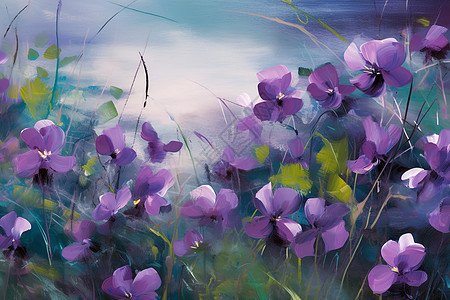 紫色花丛中的油画幻境图片