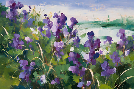 湖泊边的紫色花朵图片