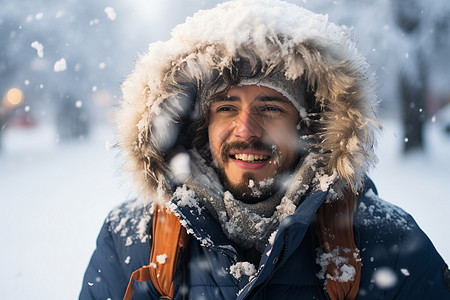 雪地中洋溢着笑容的男人高清图片