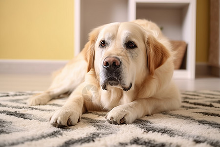 地毯上趴着的金毛犬图片