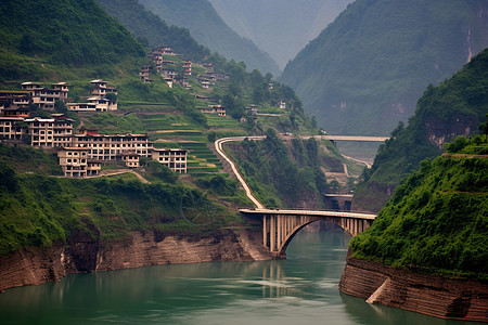 高山河流上的桥梁图片