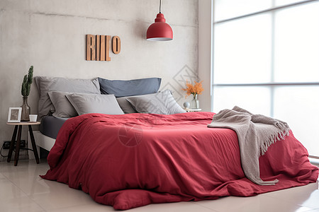 柔软的床上铺着红色的毯子背景图片