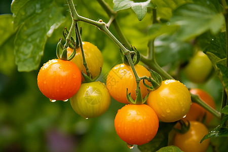 一串番茄水珠滴在树上挂着的一串西红柿上背景