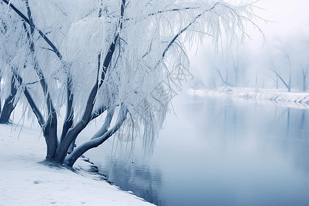 霜雪河边的树木和雪地背景