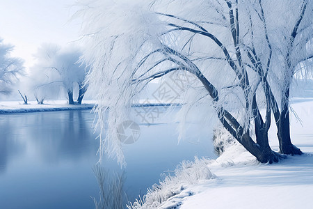 霜雪冬季岸边的树木背景
