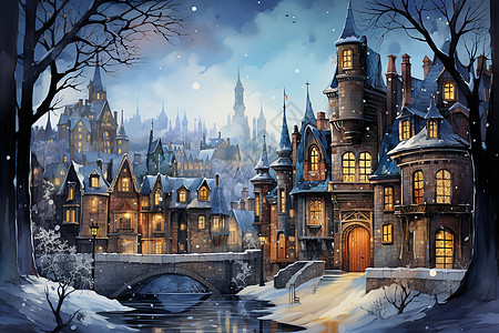 冬日童话小镇背景图片