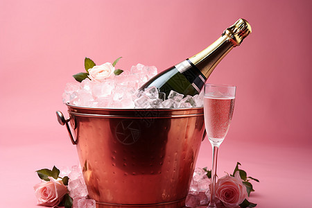 玫瑰冰桶中的香槟图片