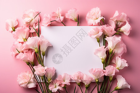粉色花朵围绕的白纸背景图片