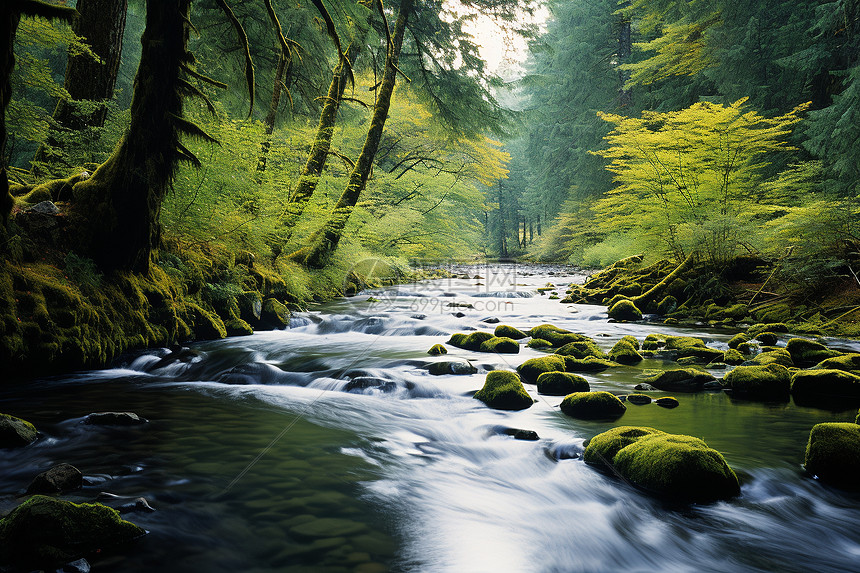 绿色森林里流淌的小溪图片