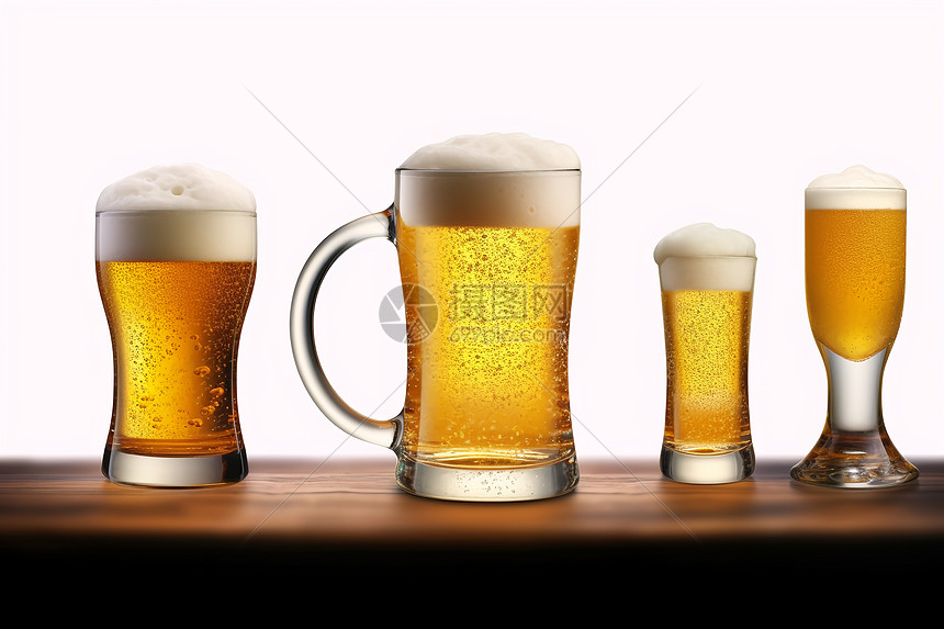 啤酒杯摆放在桌子图片