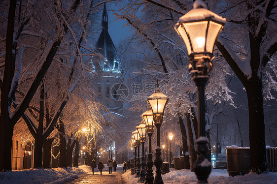 夜晚雪地里的街灯和教堂图片
