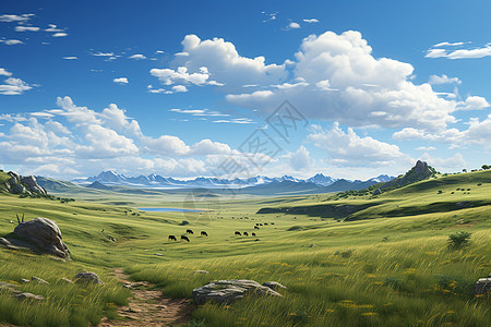 湛蓝天空的草原插图图片