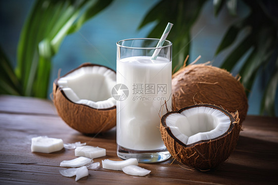 木制餐桌上的椰子与牛奶图片