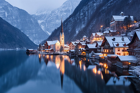 傍晚湖畔冬季的湖畔村庄背景