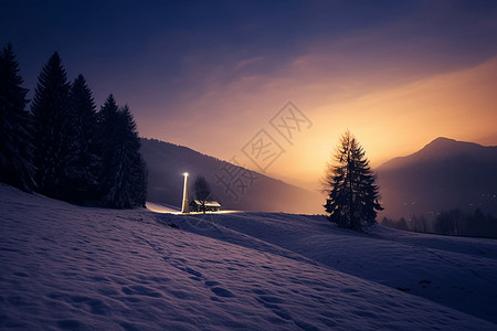 冬季白雪覆盖的山间小屋景观高清图片