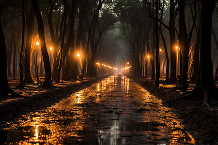 雨后夜晚潮湿的林间地面背景图片