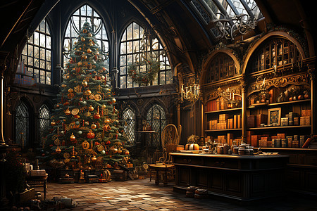室内家居大型的圣诞树插图图片