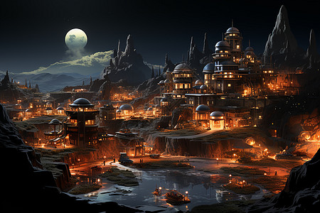 夜晚之城巨月照耀河畔图片