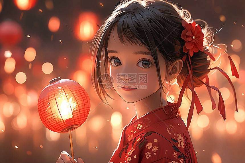 拿着灯笼的少女插画图片