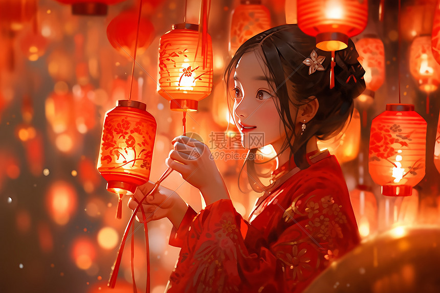 少女手持花灯图片