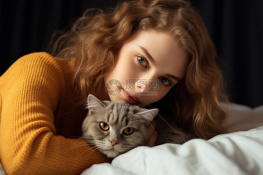 一个女人和一只猫躺在床上图片