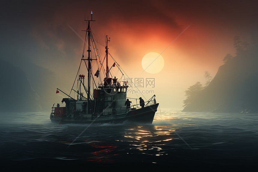 迷雾中船航的渔行图片
