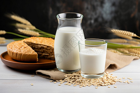 营养丰富的燕麦牛奶和小麦面包背景图片