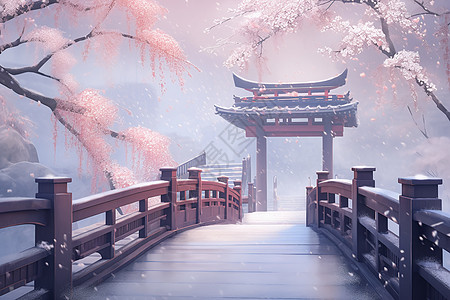 雪中桥上的美丽风景图片