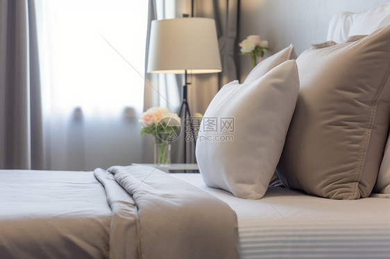 温馨整洁的酒店床铺图片