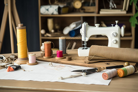 工作室台面上的纺织工具图片