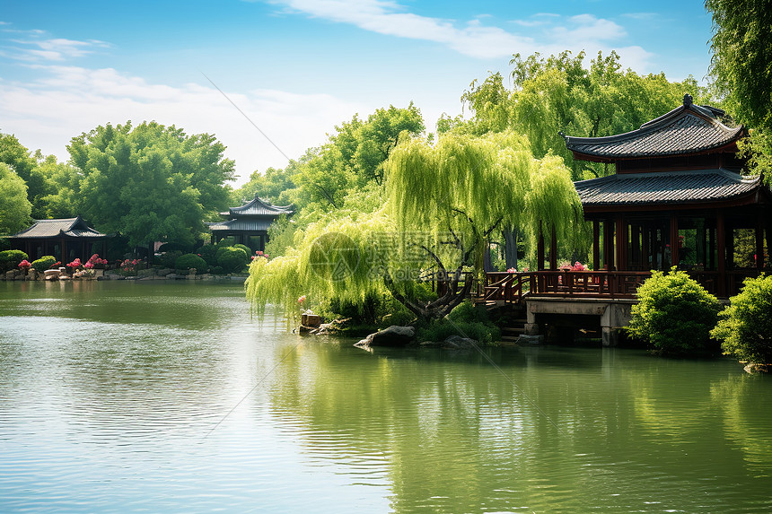 江南水乡一幅美丽的湖畔景色图片