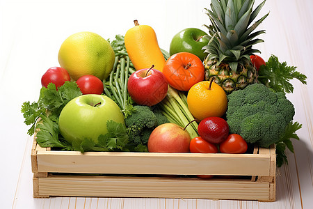 木篮中品种多样的蔬菜水果高清图片