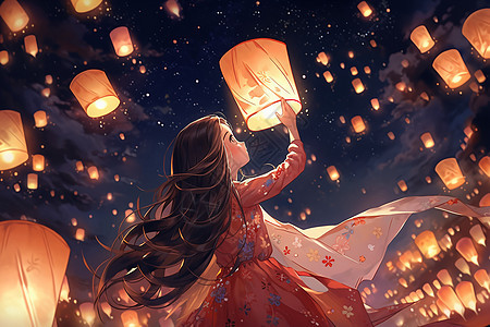 夜晚放飞孔明灯的古典少女背景图片