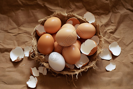 桌面上的鸡蛋和蛋壳图片