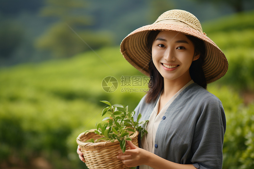 青葱茶园里亚洲女茶农图片