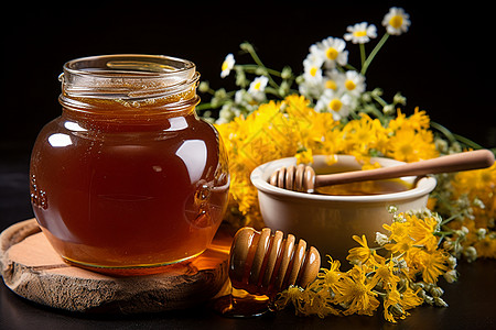 花丛中的一罐蜂蜜图片
