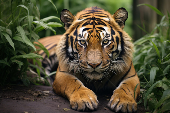 绿影中艳丽斑纹丛林中躺卧的老虎图片