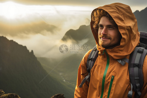 户外山顶上背着包的男士图片