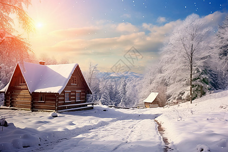 冰雪中的温馨小屋图片