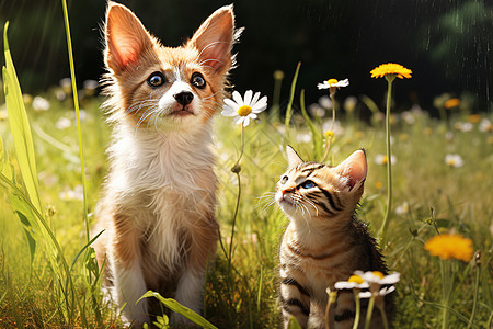 草地上的小狗草地上的小猫小狗背景