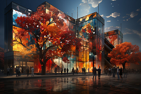 秋季夜幕下的城市商业街背景图片