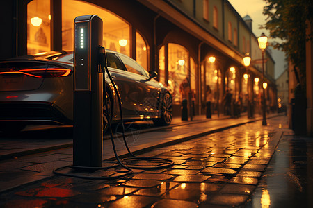城市夜晚街道边的充电桩图片